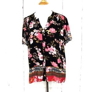 Knox Rose Women's Size XXL Button Up Blouse Short Sleeve Multicolor Floral